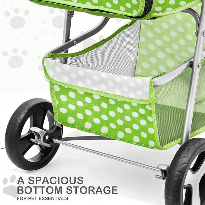 MoNiBloom 3 Wheels Pet Dog Cat Stroller for Small Medium Dogs Cats, Foldable Jogger Stroller w/Storage Basket and Cup Holder, Lawn Green Polka Dots