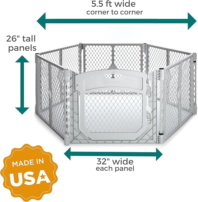 MyPet North States Petyard Plus: 5.5 Ft. Wide Folding Dog Playpen Indoor or Outdoor. 6-Panel Freestanding Play Pen Dog Gate Made in USA. 26" Tall, Light Gray