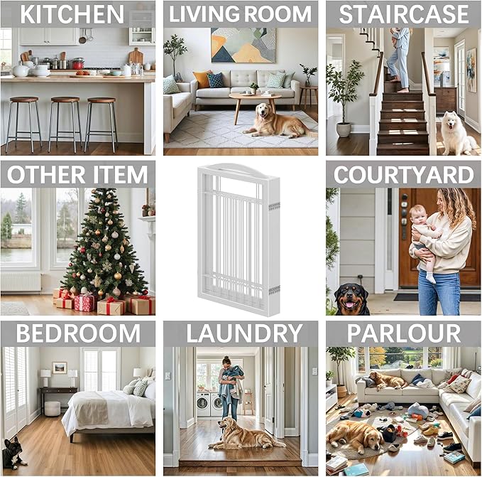 Vantas Folding Pet Gate 144" Wide, 30" Tall No-Assembly Metal Dog Gate, Freestanding Wire Pet Gate, Pet Puppy Safety Fence, Extra Wide with 2PCS Support - White