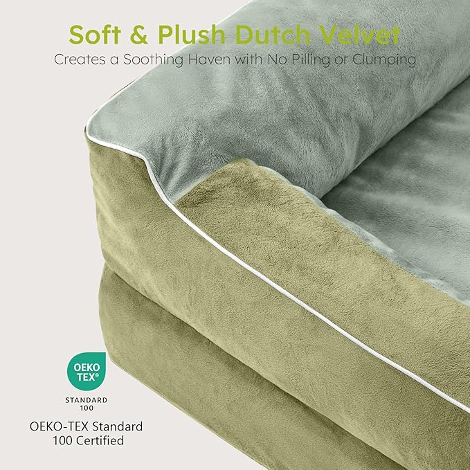 Dog Beds for Large Dogs, Orthopedic Dog Bed with Cooling Gel Memory Foam, Waterproof Large Pet Bed with Removable Washable Cover, 36" Pet Sofa Couch Dutch Velvet with Bone Toy, Dark Green