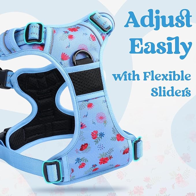 rabbitgoo Dog Harness for Large, No Pull Pet Harness with 3 Buckles, Adjustable Soft Padded Vest with Control Handle, Walking Reflective Pet Vest for Large Dogs, Floral Blue, L