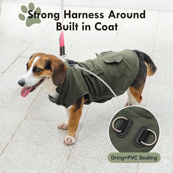 Workwear Style Dog Coats with Harness Built in for Small Dogs Windproof Warm Puppy Jacket with Storage Pockets for Cold Winter,Green XXXL