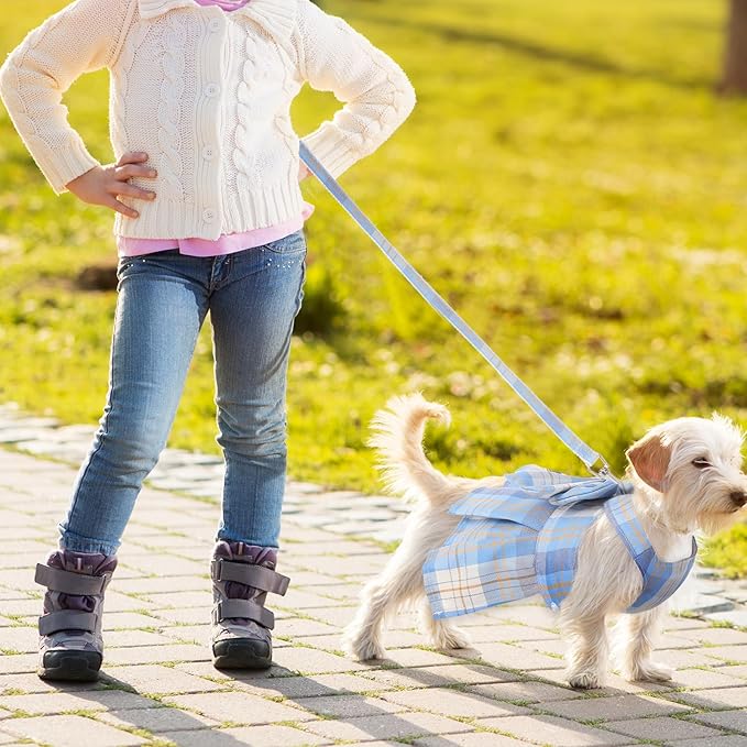 4 Pcs Cute Plaid Dog Dress Set with Bow Tie Harness & Leash for Small Dogs, Puppy Clothes for Girls Summer Outfits(M,Light Color)