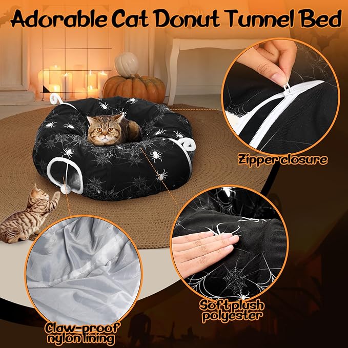 Aliceset Halloween Cat Tunnel Bed for Indoor Cats 3ft x 3ft x 10in Foldable Cat Donut Tunnel with Washable Cushion Halloween Spider Pet Peekaboo Cave Toy for Small Kitten Kitty