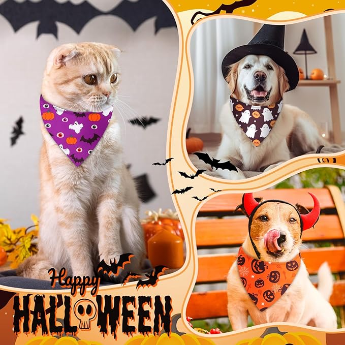 Chunful 120 Pcs Holiday Dog Bandanas Bulk for Fall Thanksgiving Halloween Christmas with Maple Leaf Pumpkin Ghost Snowman Adjustable Triangle Pet Scarf for Small Medium Large (25.6x17.7x17.7 in)