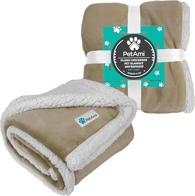 PetAmi Waterproof Dog Blanket for Small Medium Dog Puppy Cat Throw for Couch Cover Leakproof Protection, Sherpa Fleece, Reversible Soft Washable 29x40 Taupe