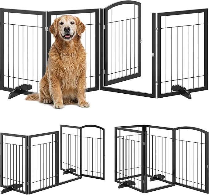 Vantas Folding Pet Gate 96" Wide, 30" Tall No-Assembly Metal Dog Gate, Freestanding Wire Pet Gate, Pet Puppy Safety Fence, Extra Wide with 2PCS Support - Black