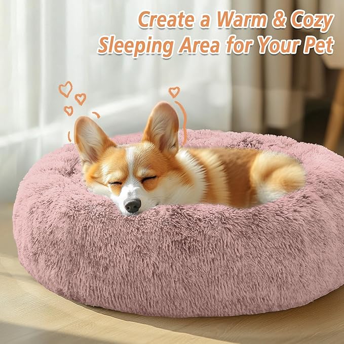 JOLLYVOGUE Calming Dog & Cat Bed for Small Dogs, Anti-Anxiety Donut Cuddler Cozy Soft Round Bed with Anti-Slip Bottom, Fluffy Faux Fur Plush Cushion Beds for Small Medium Pets (23")