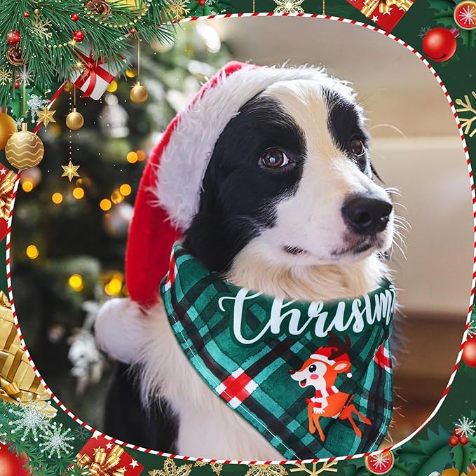 Abbylike 50 Pcs Dog Bandanas Bulk Pet Scarfs Triangle Bibs Adjustable Washable Puppy Kerchief Seasonal Pet Costume Accessories Grooming Supplies for Small Medium Large Dogs Cats(Christmas Plaid Dog)