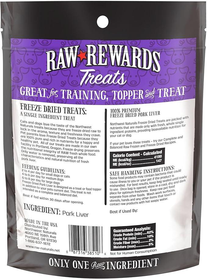 Northwest Naturals Raw Rewards Freeze-Dried Treats - Pork Liver (3 oz) & Lamb Liver (3 oz) Treats for Dogs & Cats - Healthy, 1 Ingredient, Human Grade Ingredients, All Natural