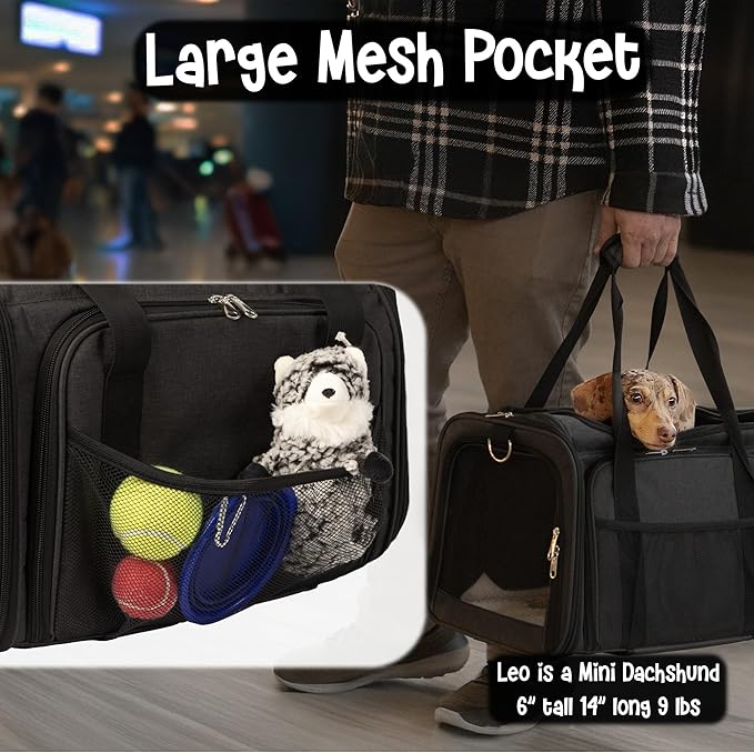 Pet Carrier with Wheels | Delta American Frontier Airline Approved | Two Expandable Sides, Storage Pockets Adjustable Leash | Rolling Dog and Cat Carrier TSA Compliant (Light Grey 17x12.5x11)