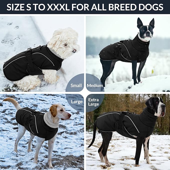 Queenmore Winter Dog Coat Warm Dog Jacket Vest Waterproof Puffer Fleece Snowsuit Adjustable Buckle Leash Hole Reflective Cold Weather Parka for Small Medium Large Dogs Girl Boy Black XXL