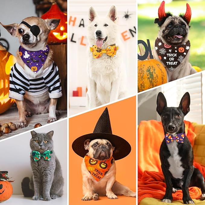 Sanwuta 100 Pcs Halloween Dog Bandanas Bulk and Collar Bow Ties Set 50 Bandanas 50 Charm Dog Collar Pet Ghost Pumpkin Spider Bones Triangle Pet Scarf Bowtie for Small Medium Large Costume