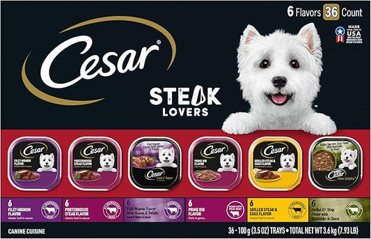 Cesar Wet Dog Food Steak Lovers Variety Pack with Real Meat, 3.5 oz. Trays (36 Count, Pack of 1)