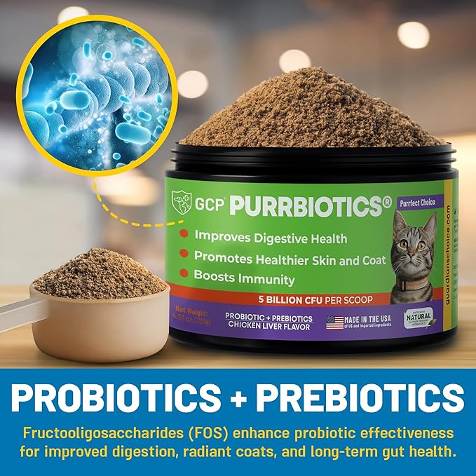 Guardian’s Choice Purrbiotics, Cat Probiotic Powder for Digestive & Immune Support, 5 Billion CFU with Prebiotics & Fiber, Shelf-Stable Probiotics for Cats, Chicken Flavor Cat Probiotics, 120 Servings