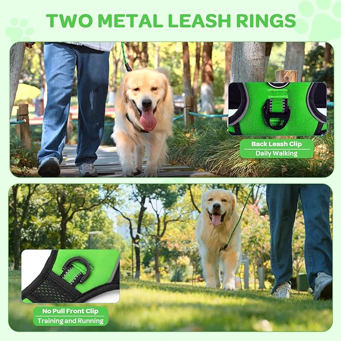 FURRYFECTION Dog Harness | No Pull Dog Harness | Reflective Oxford | Padded Handle | 4 Adjustable Straps | 2 Leash Clips | No Choke Pet Vest Harness for Small Medium Large Dogs | Green | S