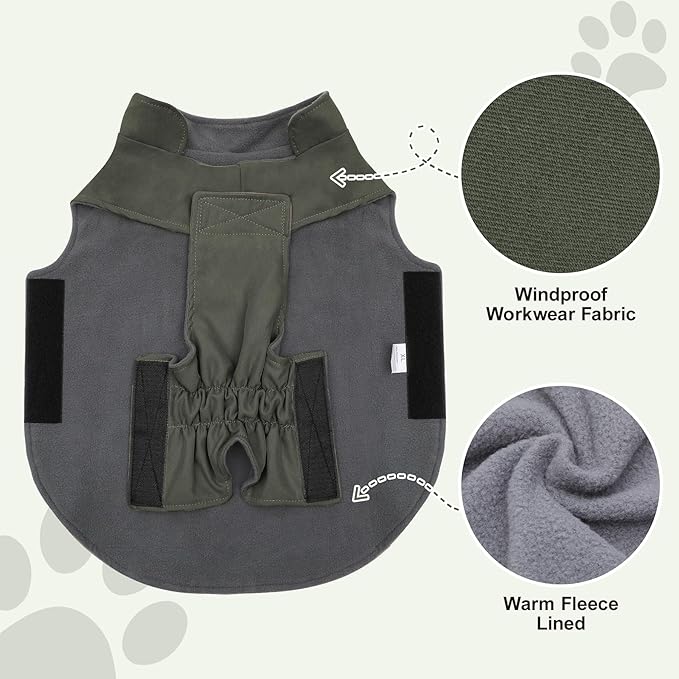Workwear Style Dog Coats with Harness Built in for Small Dogs Windproof Warm Puppy Jacket with Storage Pockets for Cold Winter,Green XXL