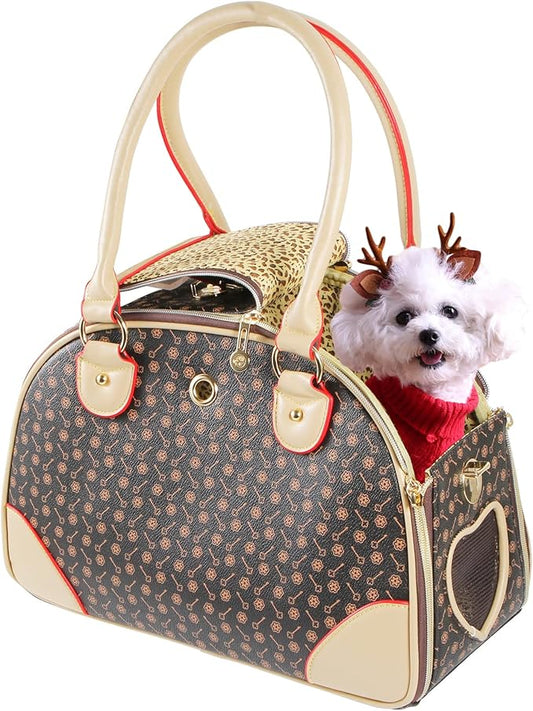 Fashion Dog Carrier PU Leather Dog Handbag Dog Purse Cat Tote Bag Pet Cat Dog Hiking Bag, Brown, Small 38 * 23 * 17cm