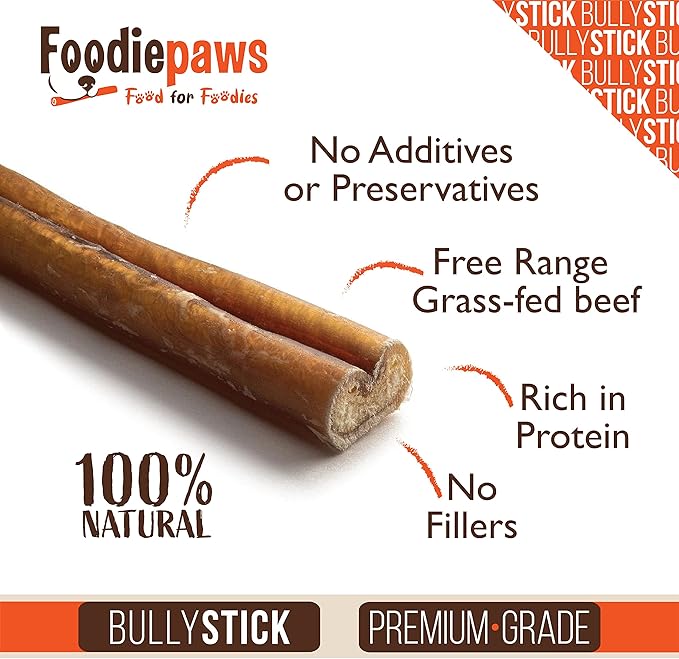 FOODIEPAWS 6 Inch Thin Bully Sticks for Dogs, 25 Pack Bulk | All Natural, Grass-Fed Beef | High Protein, Rawhide-Free & Fully Digestible Dog Chews | Long Lasting Dental Treats for Puppies & Small Dogs