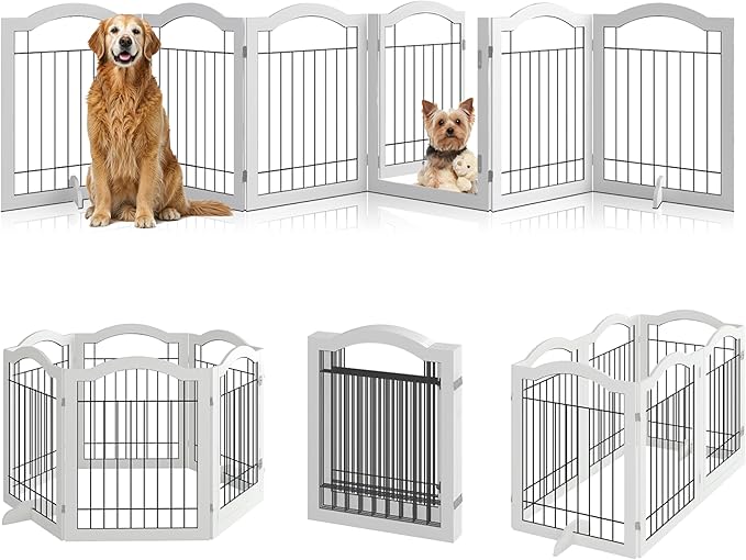 Vantas Folding No-Assembly Dog Door Pet Gate 144" Wide, 30" Tall Wooden Dog Gate with Door Walk Through, Freestanding Wire Pet Gate, Pet Puppy Safety Fence, with 2PCS Support – White