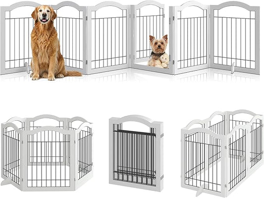 Vantas Folding No-Assembly Dog Door Pet Gate 144" Wide, 30" Tall Wooden Dog Gate with Door Walk Through, Freestanding Wire Pet Gate, Pet Puppy Safety Fence, with 2PCS Support – White