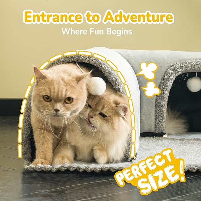CATISM Cat Bed with Tunnel - Cat Beds for Indoor Cats 3-Way Ports 3 Toys, Soft Cave, Large Tunnel, Detachable Rug, Non-Slip Bottom Carpet for Kitten Ferrets Small Animals