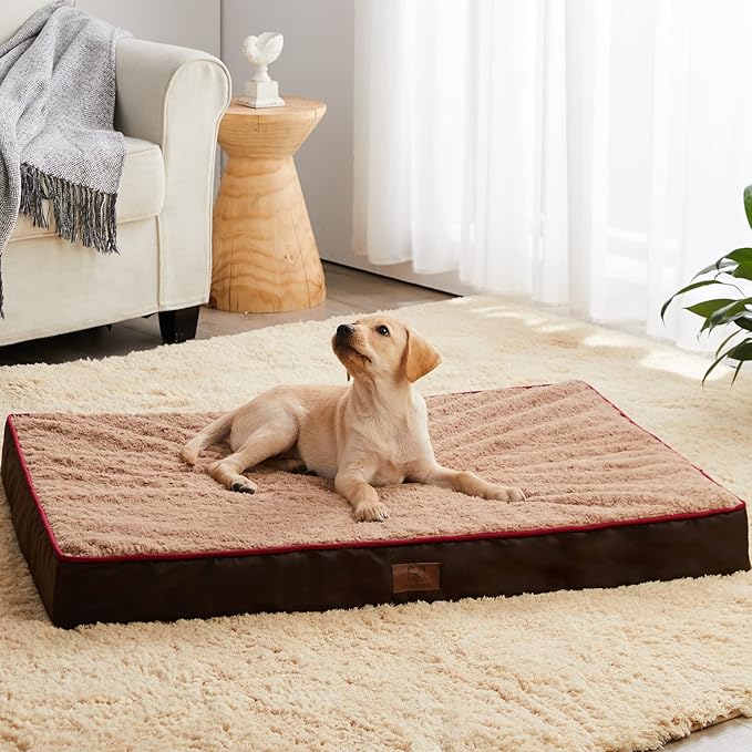 WNPETHOME Orthopedic Large Dog Bed, Large Waterproof Dog Bed with Removable Washable Cover & Anti-Slip Bottom,Egg Crate Foam Pet Bed Mat,Soft Rose Plush Pet Crate Mat
