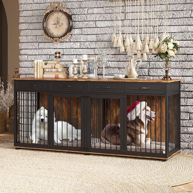 Extra Large Dog Crate,86.6" Heavy Duty Wooden Dog Cage Furniture Dog Crate Kennel with Drawers & Removable Divider,Indoor Luxury Dog House w/Double Rooms for XL L Dogs,Rustic Brown