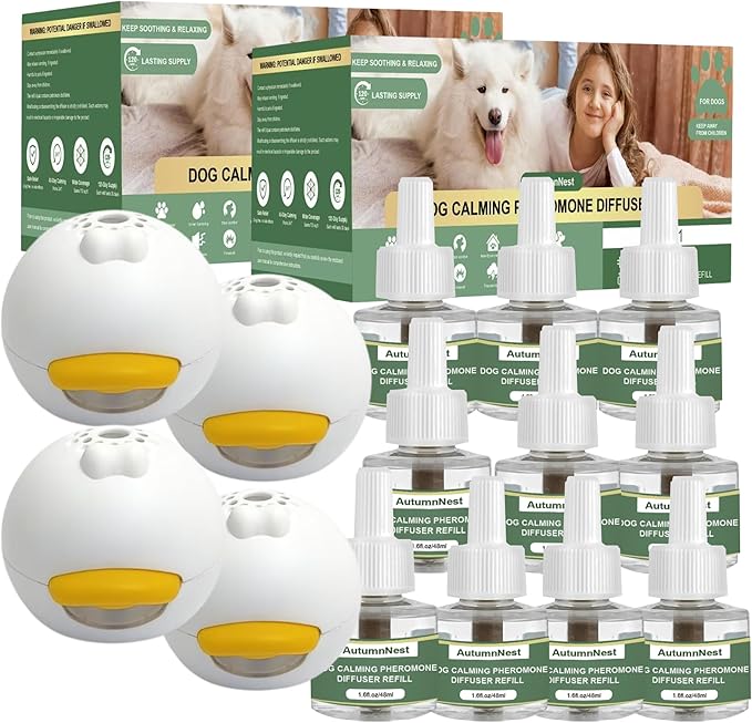 14 IN 1 Dog Calming Diffuser Kit with Night Light | 4 Plug-in Diffusers + 10 Refills (48ml Each) | New Formula Pheromone for Dogs | Anxiety Relief, Stop Barking, Reduce Stress | 300 Days Supply