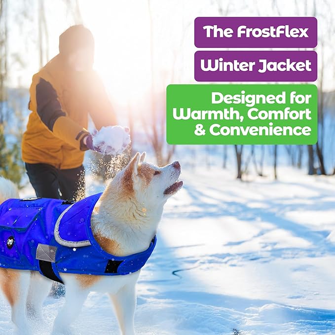 Joyride Harness FrostFlex Dog Winter Jacket - Fleece Lined & Water-Resistant - Snowsuit with Pockets for Treats & Poop Bags - Durable Cold Weather Dog Coat - Blue Serenity-XXL