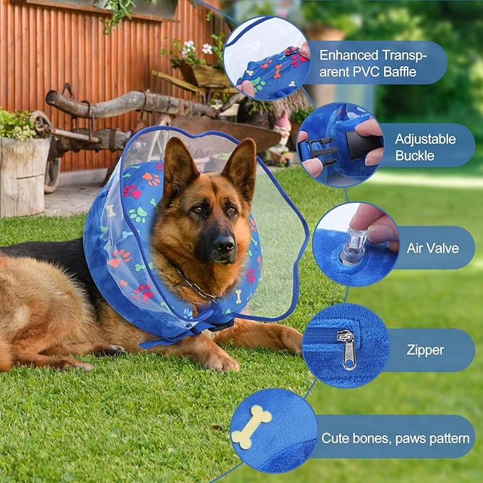 Dog Cone, Inflatable Dog Cone for Small, Medium, and Large Dogs, Soft Cone for Dogs After Surgery with Adjustable Buckle, Adjustable Soft Recovery Collar with Detachable Cove