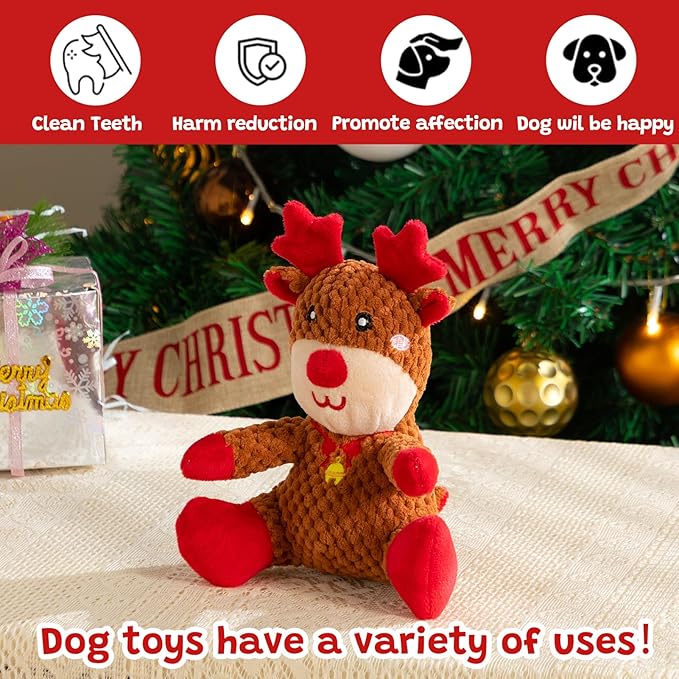Hollypet Christmas Squeaky Plush Stuffed Durable Dog Toys, Cute Puppy Chew Toys for Small, Medium and Large Breed Dogs, Sitting Elk