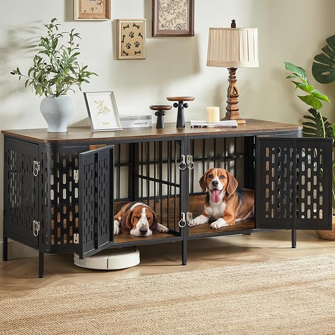 ONBRILL 63" Double Dog Crate Furniture for 2 Dogs, Heavy Duty Dog Crates with Divider for High Anxiety Dog, Escape Proof Pet Cage, Dog Kennel Furniture Indoor as TV Stand for Medium Large Dogs,Brown