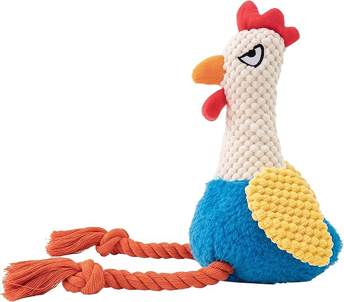 Plush Rooster Dog Toy with Squeaker, Interactive Rope Legs, Colorful Textured Chew Toy for Small, Medium Dogs, Tug-of-War, Fetch