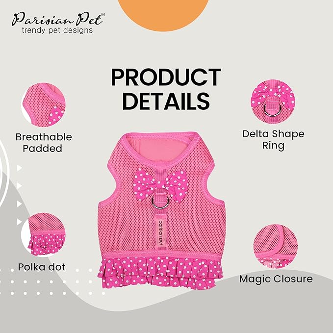 Parisian Pet Step in Dog Harness - 100% Mesh Fabric Pink Girl Dog Harnesses - Soft Fully Padded, No Pull Dog Vest Harness Dress - Puppy Harness - Dog Harness Small Sized Dog - S