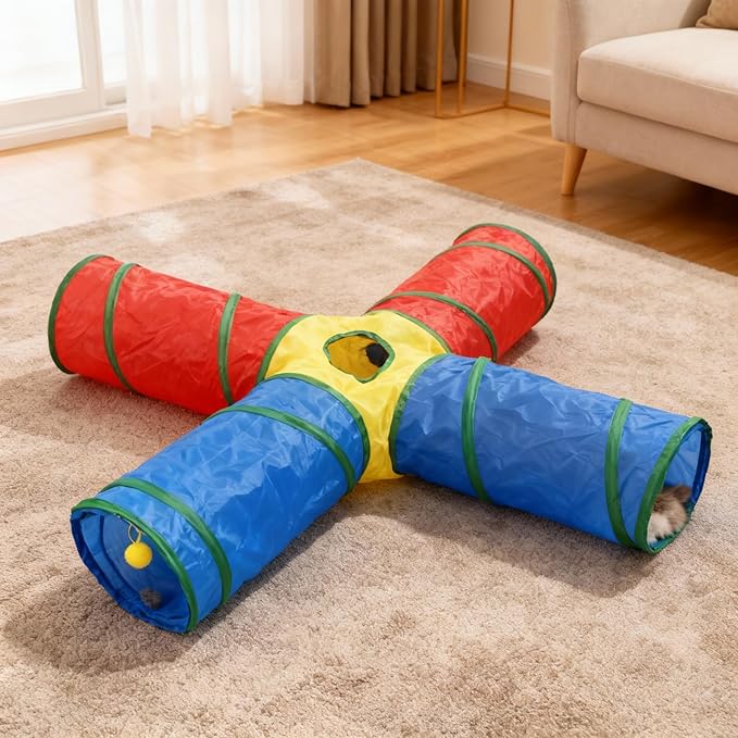 Cat Toys - 4-Way Tunnel for Indoor Cats with Peek Hole & 2 Mice - Large Foldable Rainbow Tube with Hanging Ball for Kittens, Rabbits, Small Dogs - Ideal Cat Toy