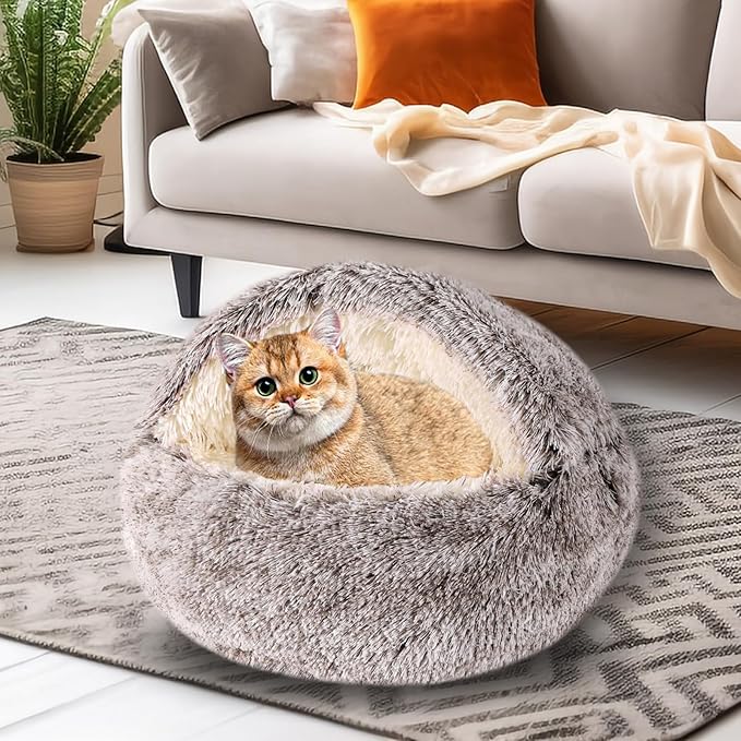 Cat Beds for Indoor Cats,Cat Cave for Puppy and Kitty,Calming Small Dog Bed for Small Dogs with Cover Cave,Cozy Warming Fluffy Washable Anti-Slip Pet Sleeping Bag (20 * 20inch,Khaki)