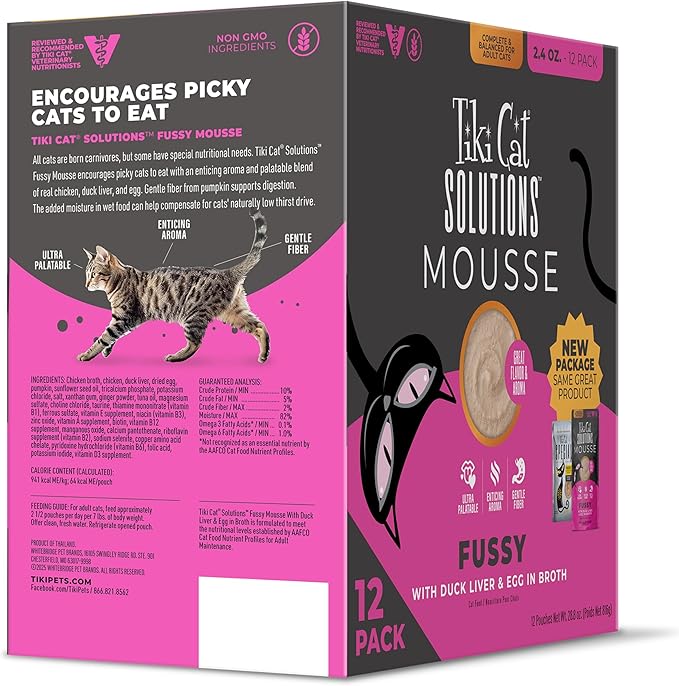Tiki Cat Solutions Mousse Multipack Wet Cat Food, Fussy, Duck Liver & Egg, 2.4 oz. Pouch (12 Count)