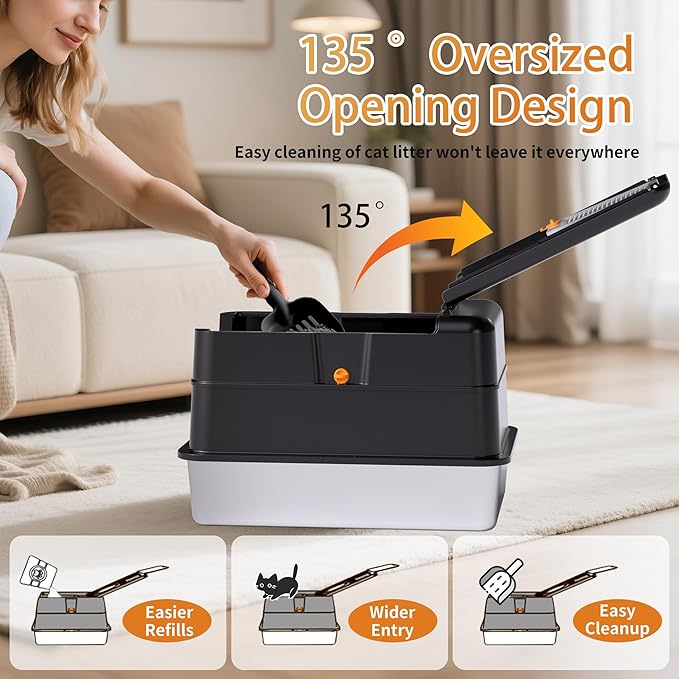 Stainless Steel Litter Box with Lid, 135° Flip-Top Design Metal Enclosed Litter Box for Kitten Cat, Breeze Litter Box System with Anti-Leakage High Sides, Large Cat Lovers Gifts