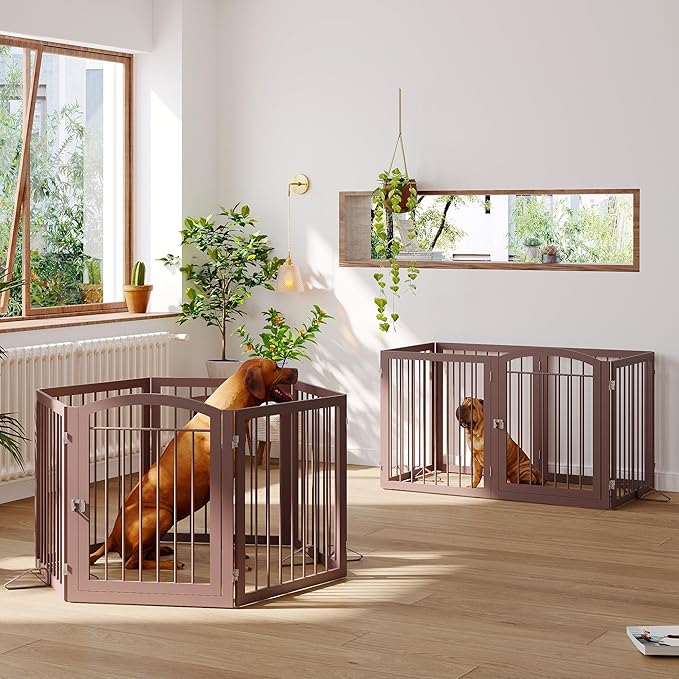 JSB 144-inch Extra Wide 30-inch Tall Dog gate with Door Walk Through, Freestanding Round Tube Pet Gate for Halls Stairs, Puppy Safety Dog Fence with 2PCS Support Feet (Espresso)