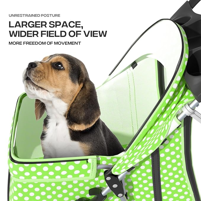 Dog Stroller for Small Dogs 10 Lbs 20 Lbs, Pet for Medium Dogs 30 Lbs, Cat Strollers for 1 Cats, 3 Wheels Foldable Jogger Puppy Stroller with Storage Basket and Cup Holder, Green Polka Dots