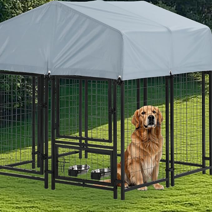 Outdoor Dog Enclosure Heavy Duty Dog Kennel House Mesh Dog Big Cage Pet Kennel Steel Fence with Secure Lock and UV-Resistant Waterproof Roof Cover for Outside (4x4x6 FT)