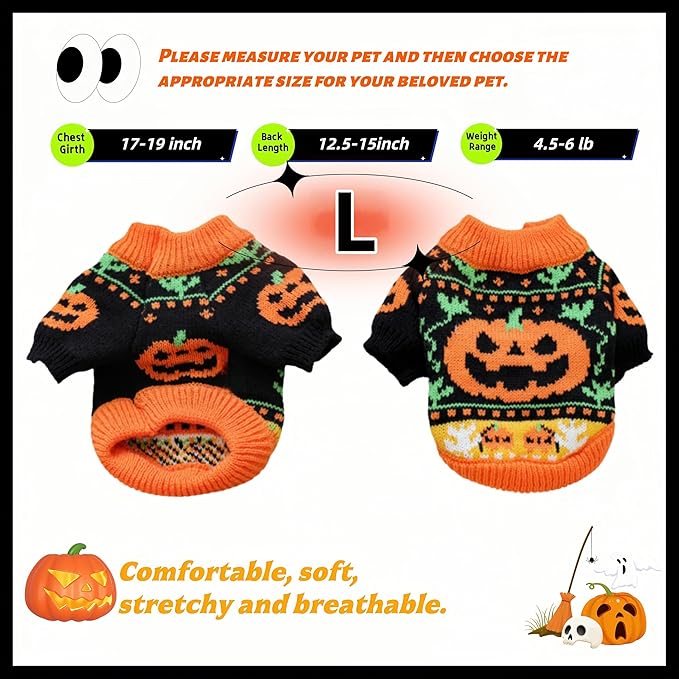 Halloween Pumpkin Dog Sweater, Knit Pet Costume, Orange and Black Fall Winter Outfit for Small Dogs and Cats (Large)