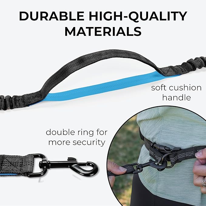 Squirrel Products Hands Free Dog Leash with Hip Belt/Crossbody Strap, Zipper Pouch, and Shock Absorbing Bungee for Walking or Jogging with pet (Black, Blue)