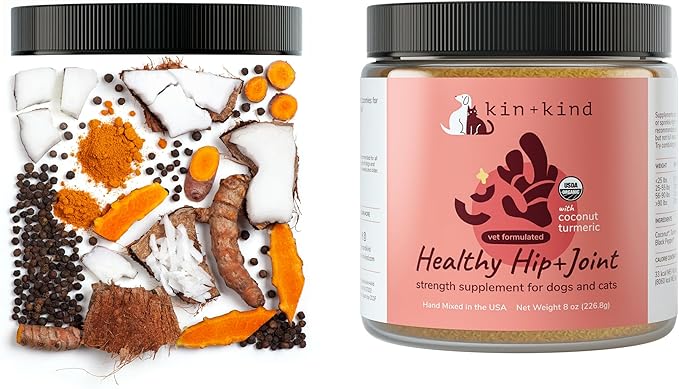 kin+kind Hip+Joint Supplement Dogs & Cats - Vet Formulated Natural Formula with Organic Turmeric, Black Pepper and Coconut- Made in USA - 8 oz (Large)