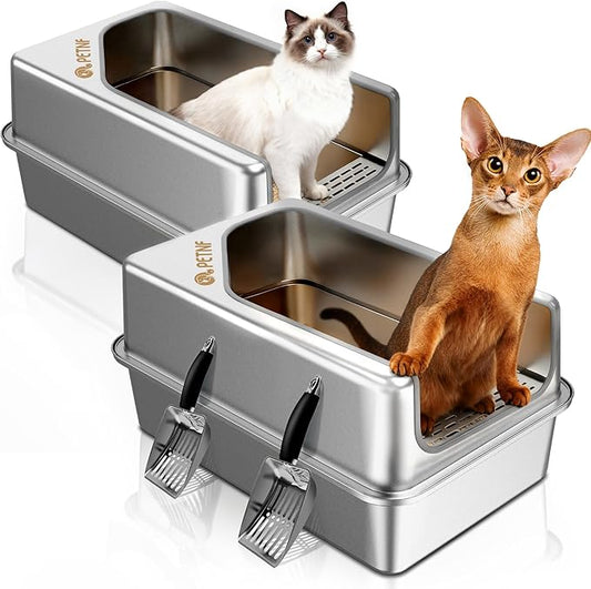 PETNF All Stainless Steel Cat Litter Box, High Sided Large Metal Litter Box - Leak-Proof, Anti-Litter Tracking, Easy Clean for Big Cats, Multi-Cat Households, 24"L x 18"W x 12"H (Silver White, 2 PACK)