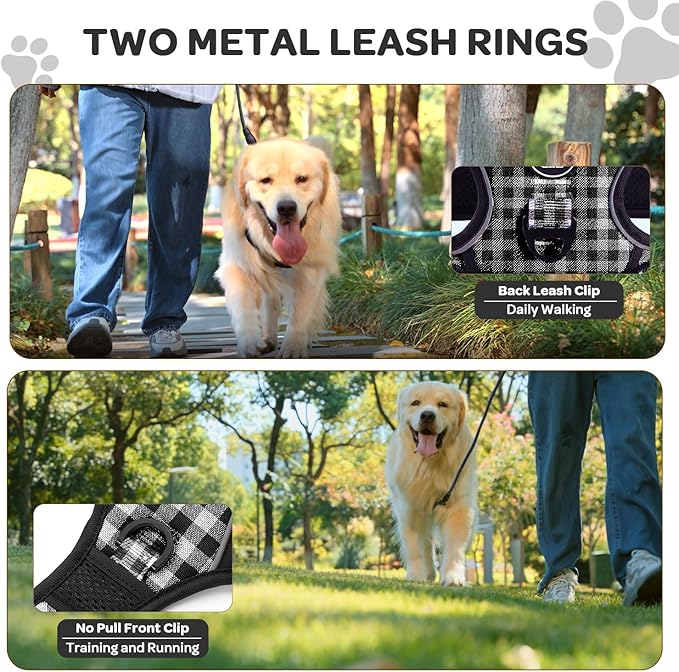 FURRYFECTION Plaid Dog Harness for Small Dogs | No Pull Reflective Pet Harness | No Choke Adjustable Dog Vest Harnesses | with Leash | Easy Control Handle | Front Lead | Seat Belt | Black&White | S