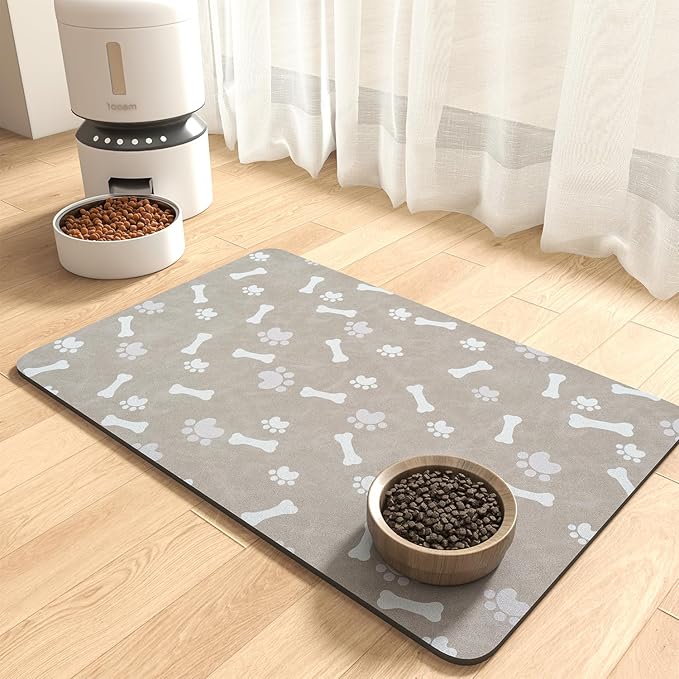 MontVoo Dog Food Mat-Pet Feeding Mat for Food and Water-No Stains Quick Dry Dispenser Cat Bowl Mat for Messy Drinkers(17"x28" Grey)