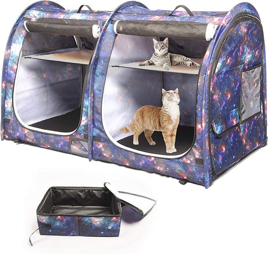 Mispace Portable Twin Compartment Show House Cat Cage/Condo - Easy to Fold & Carry Kennel - Comfy Puppy Home & Dog Travel Crate with Portable Carry Bag/Two Hammocks/Mats and Collapsible Litter Box