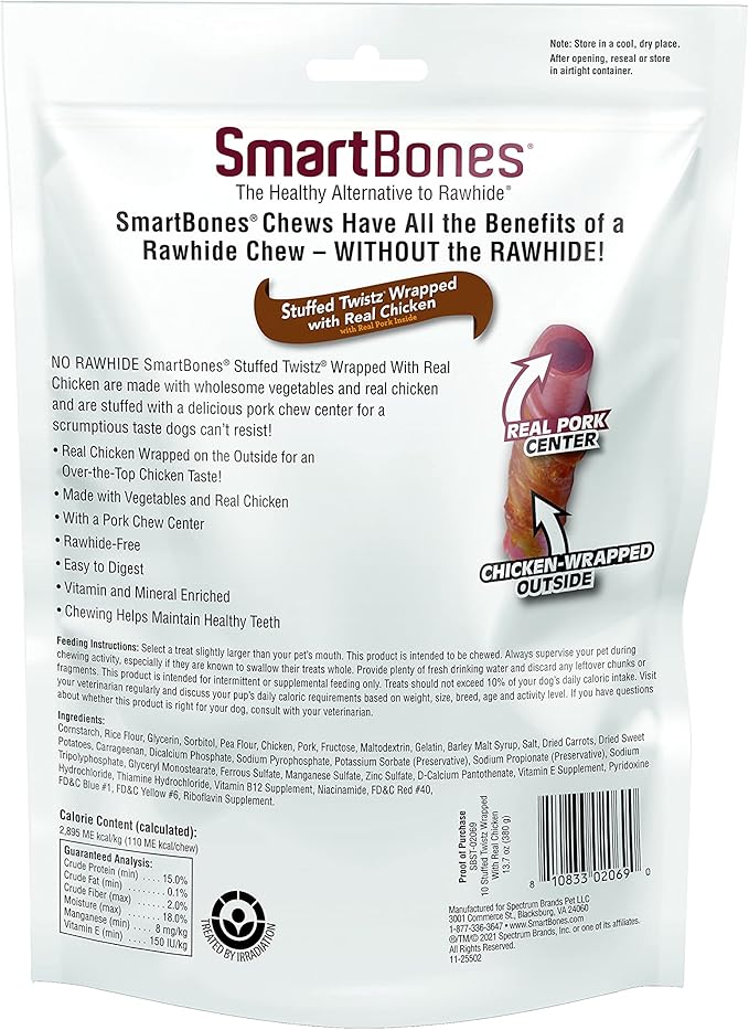 SmartBones Chicken Wrapped Stuffed Twists, Treat Your Dog to a Rawhide-Free Chew Made with Real Meat and Vegetables, 10 Count